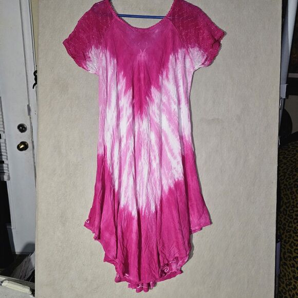 Riviera Sun Pink Tie Dye Midi Dress Size L Beachy Boho Fairy Vacation Loungewear - Picture 11 of 13